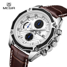 MEGIR 2015 Men Quartz Watch Leather Strap Analog Chronograph Calendar Wrist Watch Military Sport Men Wristwatch